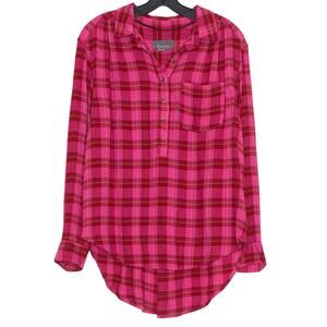 Anthropologie Isadora Flannel Plaid Popover Top Pink Oversized High Low Boho M
